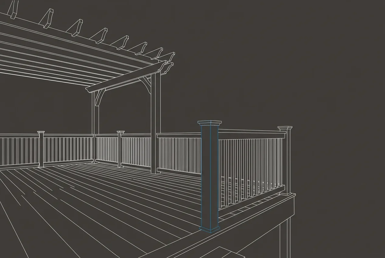 Stylized architectural line-art placeholder graphic of a finished wooden deck with pergola - not a real photo. Bear Creek Outdoor Living’s real project photography is pending delivery from the client.