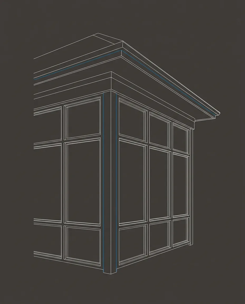 Stylized architectural line-art placeholder graphic of a sunroom exterior detail, different angle - not a real photo. Integrity Home Pro’s real project photography is pending delivery from the client.