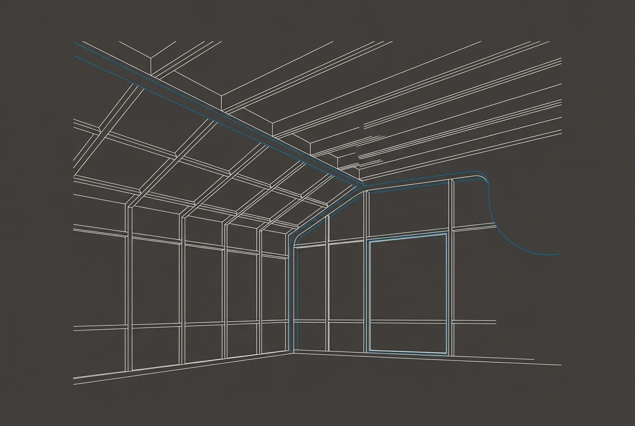 Stylized architectural line-art placeholder graphic of a finished sunroom interior - not a real photo. NJ Sunroom Additions’ real project photography is pending delivery from the client.