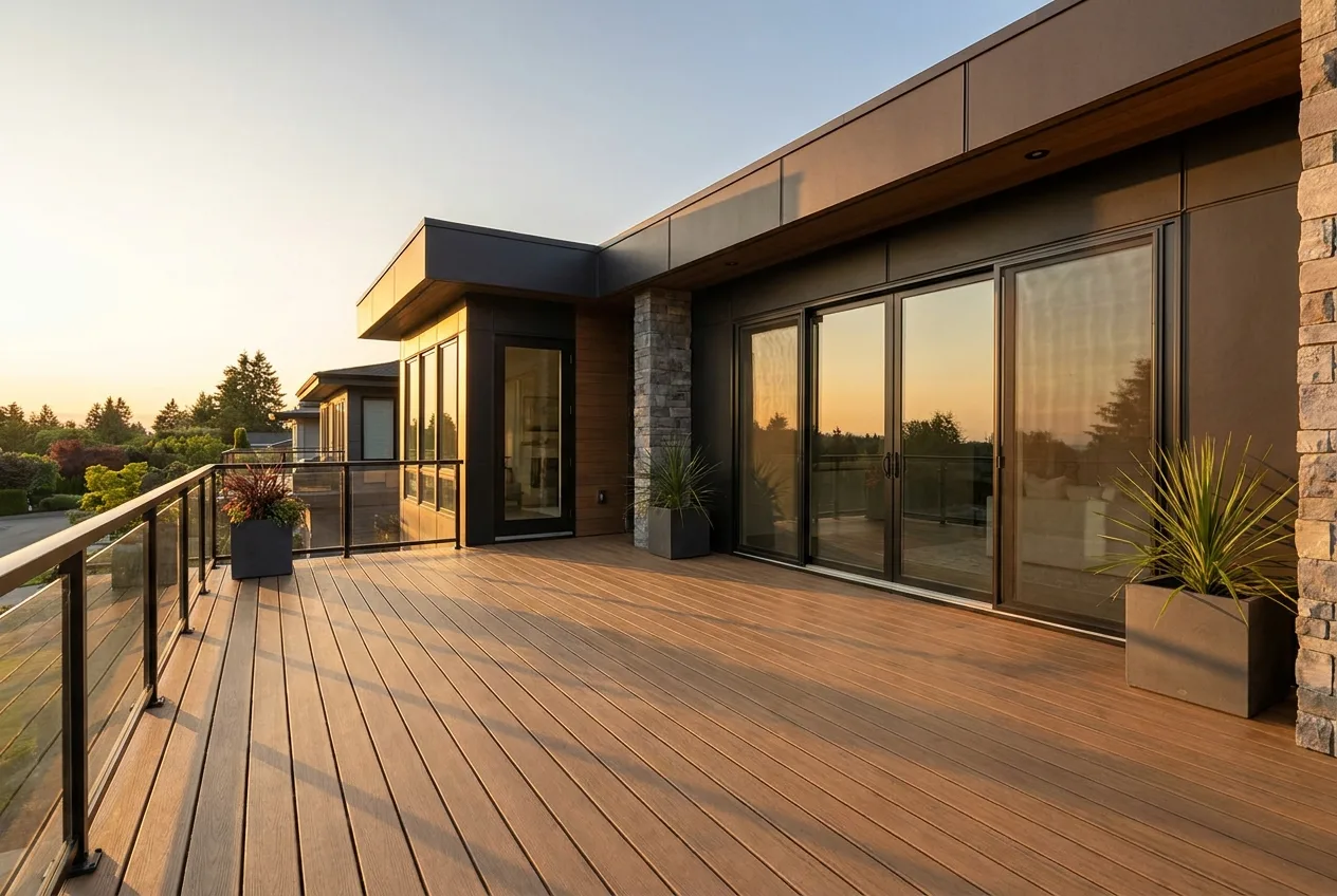 A composite deck with clean modern lines in warm late-afternoon light